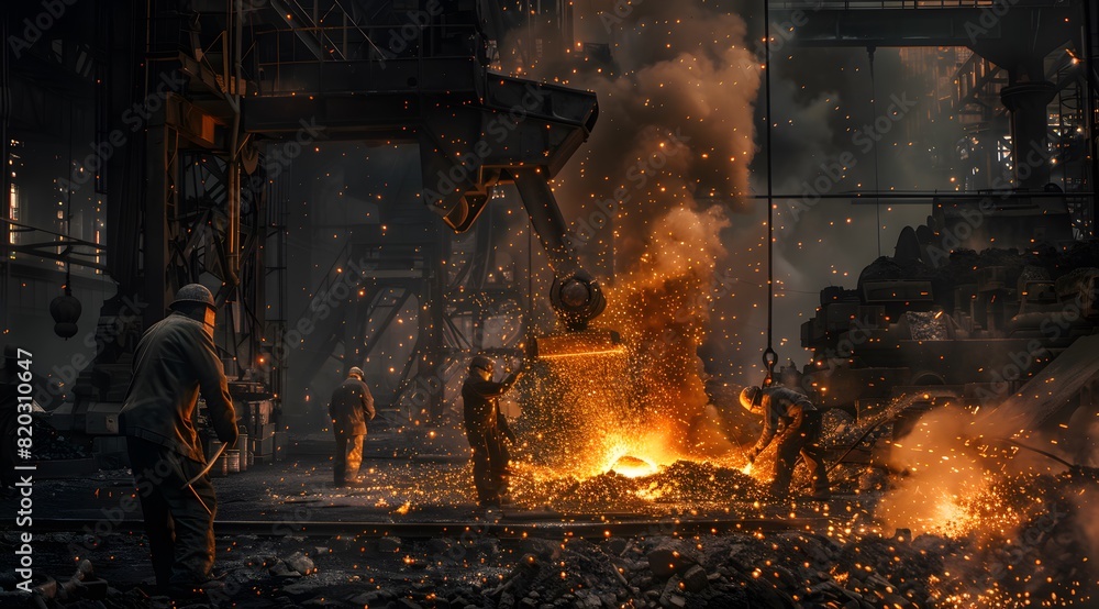 Worker in steel factory. Intense heat of a steel mill in action Worker in steel factory. Intense heat of a steel mill in action