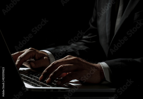 
A business man in suit typing on laptop, close up of hands and macbook pro screen, dark background