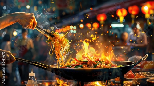 street food vendor preparing stir-fried noodles in a wok, with vibrant vegetables and shrimp, flames visible, busy night market background realistic photo