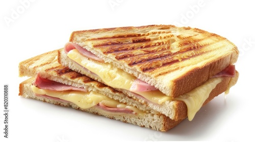 stacked two toasted sandwiches with cheese and ham isolated on white background realistic