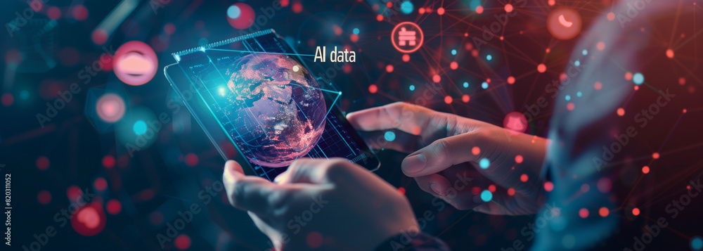 A digital marketing professional is using AI technology to highlight global data and market trends on their tablet, while the background features an abstract globe with icons representing different sa A digital marketing professional is using AI technology to highlight global data and market trends on their tablet, while the background features an abstract globe with icons representing different sa