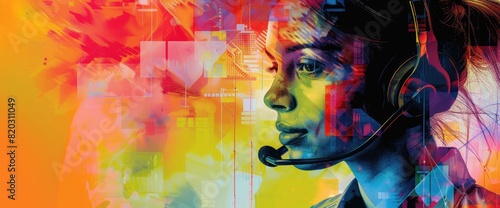 A photo of a woman wearing a headset with a microphone The background is a colorful abstract painting. AIGZ01