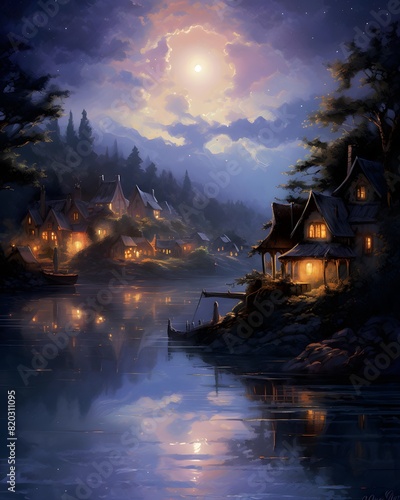 Fantasy landscape with old wooden houses on the bank of the lake.
