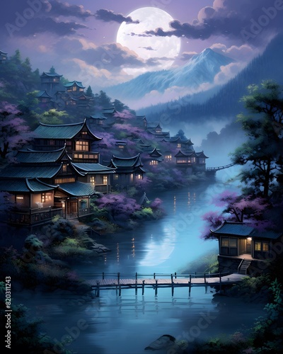 Beautiful Japanese village at night in full moon light with lake and mountains