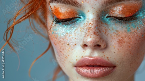 Artistic pastel colored makeup on white skin with a banner copy space. Female fashion model  lips  closed eyes  no hairs.