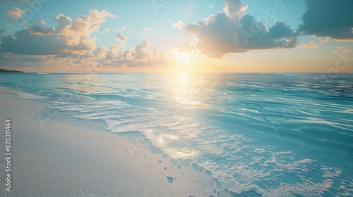 Sun rising over a white sand beach with no people and still turquoise water realistic