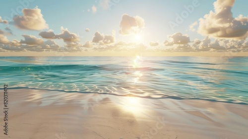 Sun rising over a white sand beach with no people and still turquoise water realistic