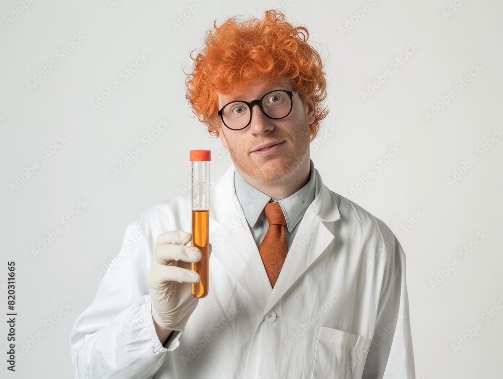 Newt dressed as a scientist, holding a test tube against a white background with copy space Newt dressed as a scientist, holding a test tube against a white background with copy space
