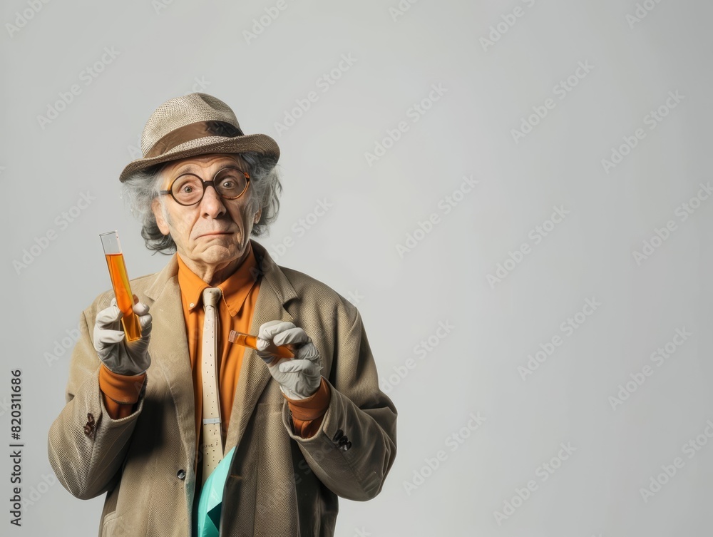 Newt dressed as a scientist, holding a test tube against a white background with copy space Newt dressed as a scientist, holding a test tube against a white background with copy space