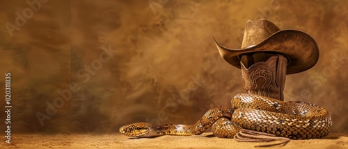 Snake wearing a cowboy hat and boots, coiled around a lasso against a sandy brown background with copy space