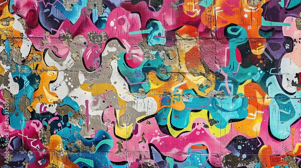 Fototapeta premium Seamless Graffiti Pattern on Weathered Concrete Wall: Vibrant Urban Art