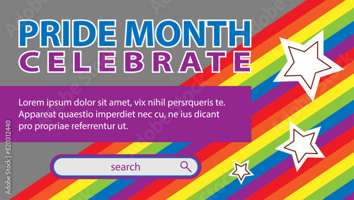 Landing page celebrating LGBT Pride month in June. Lesbians, gays, bisexuals, transsexuals. LGBT flag and heart. Rainbow love concept. Human rights and tolerance. Poster, postcard, banner.