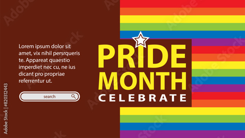 Landing page celebrating LGBT Pride month in June. Lesbians, gays, bisexuals, transsexuals. LGBT flag and heart. Rainbow love concept. Human rights and tolerance. Poster, postcard, banner.