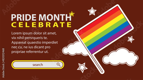 Landing page celebrating LGBT Pride month in June. Lesbians, gays, bisexuals, transsexuals. LGBT flag and heart. Rainbow love concept. Human rights and tolerance. Poster, postcard, banner.