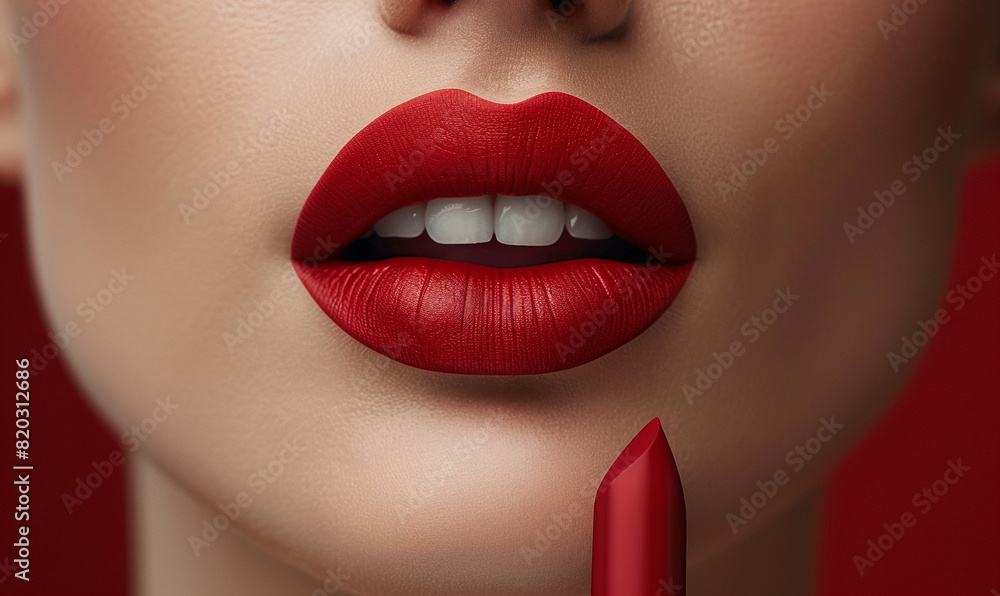Close-up of woman applying red lipstick with focus on luscious lips in glamour lifestyle shot Close-up of woman applying red lipstick with focus on luscious lips in glamour lifestyle shot