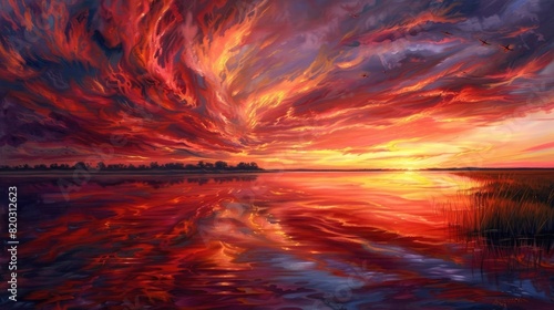 Surrealistic painting of a crimson sunset over a lake, swirling clouds morphing into firebirds, reflections in the still water, vivid colors, intense contrast, ethereal atmosphere realistic © Nabeel