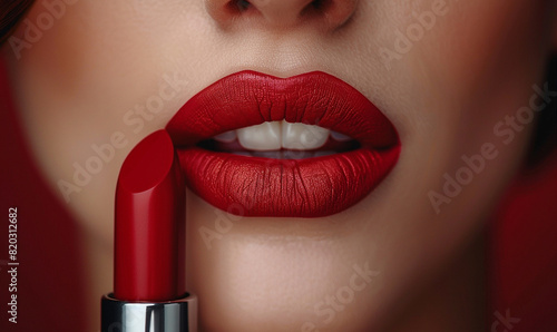 Closeup of woman applying vibrant red lipstick showcasing beauty and lifestyle