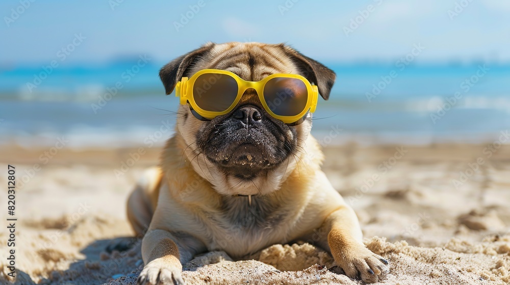 Funny pug with swimming googles on the sea beach. Summer holiday