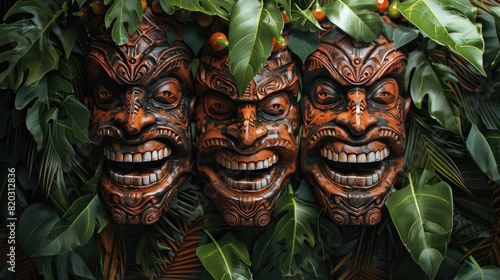 Terrorizing tiki masks adorned with leaves and featuring gaping maws and pointed teeth realistic photo