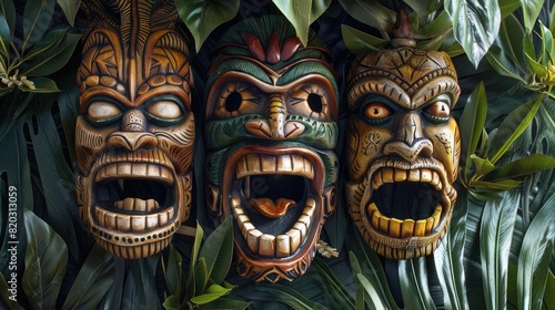 Terrorizing tiki masks adorned with leaves and featuring gaping maws and pointed teeth realistic photo