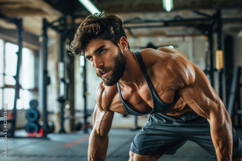 Fototapeta premium A muscular man in a gray tank top and black shorts is doing dumbbell rows in a gym