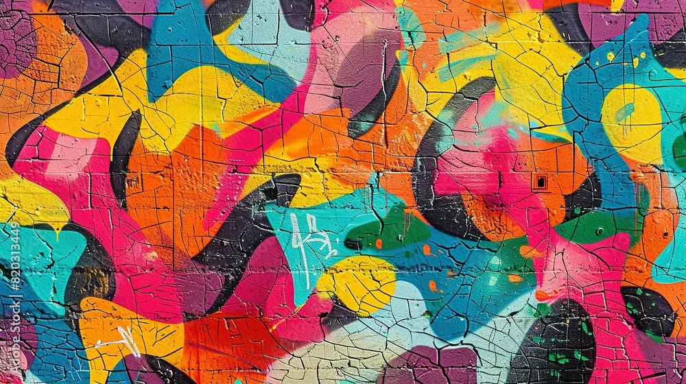 Fototapeta premium Urban Graffiti Art: Vibrant, Seamless Pattern on Weathered Wall