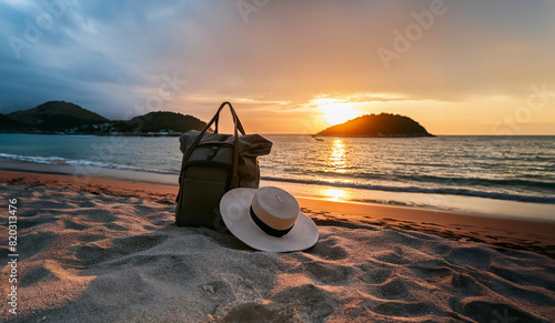 Amazing Summer and Sea. Hat and Bag is on the Beach. Team Islands are Amazing.