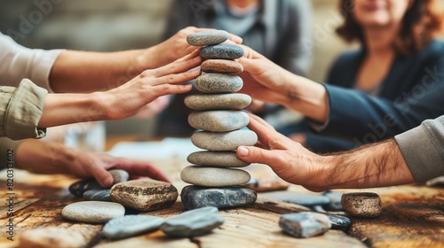 Diverse group of people collaboratively stacking stones in an indoor team-building activity