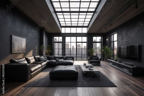 Black loft with large skylight on the roof with natural sun lighting, luxury apartment design