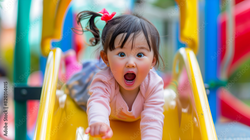 cute Japanese baby girl sliding down the slide at an outdoor playground with happy face cute Japanese baby girl sliding down the slide at an outdoor playground with happy face