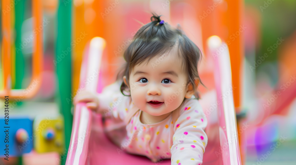 cute Japanese baby girl sliding down the slide at an outdoor playground with happy face cute Japanese baby girl sliding down the slide at an outdoor playground with happy face