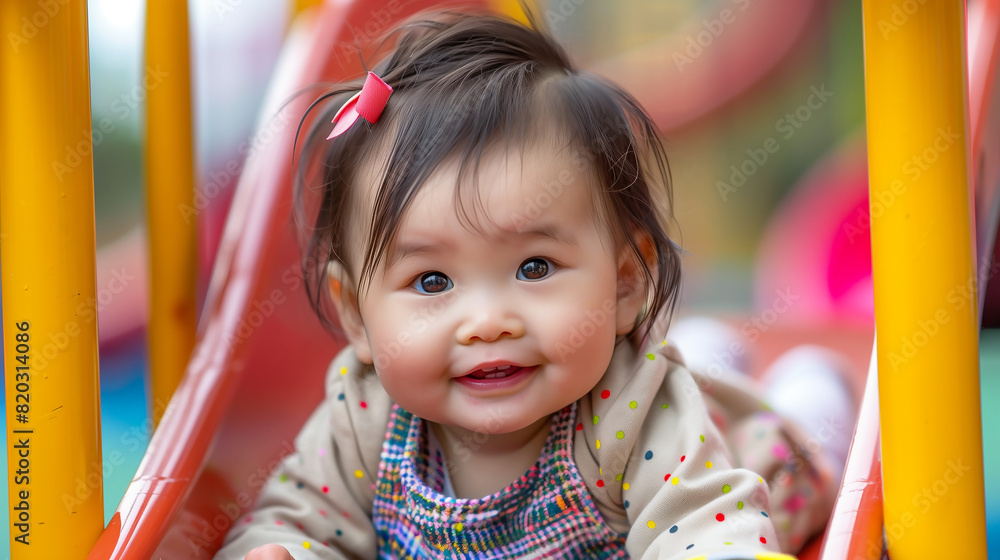 cute Japanese baby girl sliding down the slide at an outdoor playground with happy face cute Japanese baby girl sliding down the slide at an outdoor playground with happy face