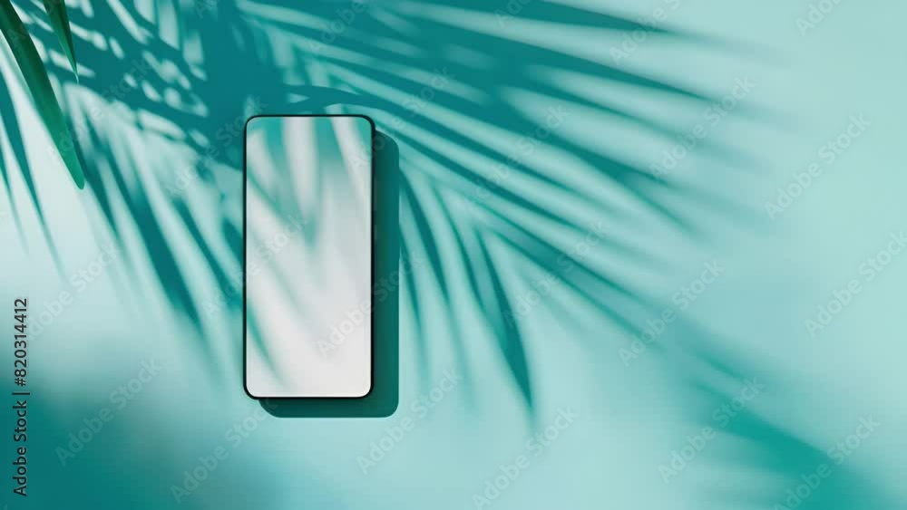 contemporary smartphone with a blank screen casting a shadow alongside palm leaves, creating a tropical yet minimalist design on a vibrant teal background contemporary smartphone with a blank screen casting a shadow alongside palm leaves, creating a tropical yet minimalist design on a vibrant teal background