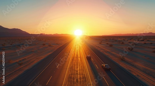 the sun is setting over a road in the middle of the desert, with a line of cars driving down the middle of the road. a road at sunset realistic photo