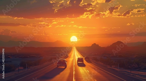 the sun is setting over a road in the middle of the desert, with a line of cars driving down the middle of the road. a road at sunset realistic photo