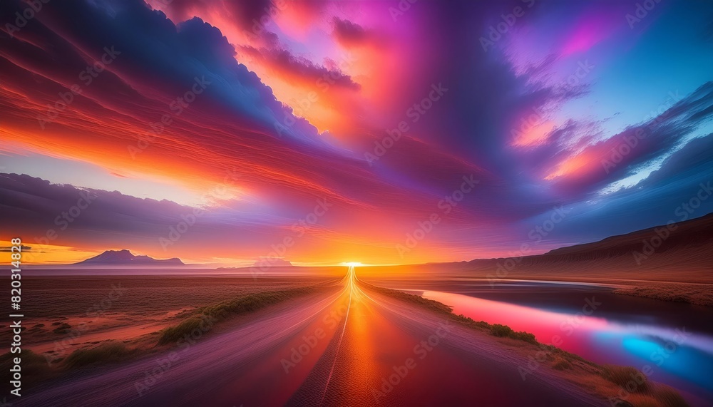 Captivating sunset over a flat landscape with a long road, reflecting water, vibrant colors, and tranquil atmosphere, evoking awe and serenity. Captivating sunset over a flat landscape with a long road, reflecting water, vibrant colors, and tranquil atmosphere, evoking awe and serenity.
