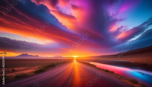 Captivating sunset over a flat landscape with a long road, reflecting water, vibrant colors, and tranquil atmosphere, evoking awe and serenity. © Dougie C