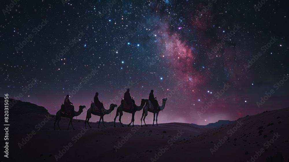 three wise men riding with camels on the desert starry night realistic