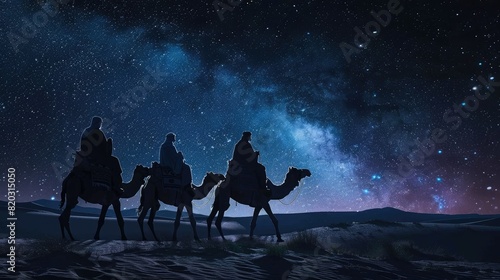 three wise men riding with camels on the desert starry night realistic