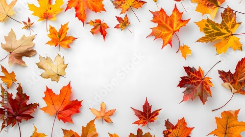 An abstract autumn background with copy space A frame of vibrant fall leaves on white  