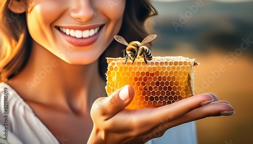 Imkerin hält eine Bienenwabe mit eine Biene auf ihre Hand.  photo