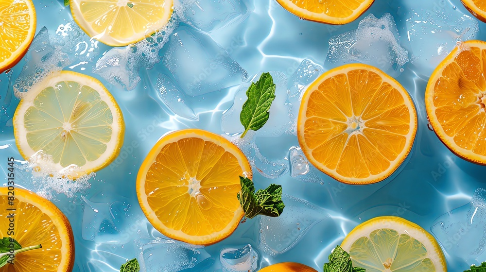 A flat lay of fresh orange and lemon slices with mint leaves, floating in blue water on a bright background, symbolizing summer vibes and freshness for product display or food design concept. A flat lay of fresh orange and lemon slices with mint leaves, floating in blue water on a bright background, symbolizing summer vibes and freshness for product display or food design concept.
