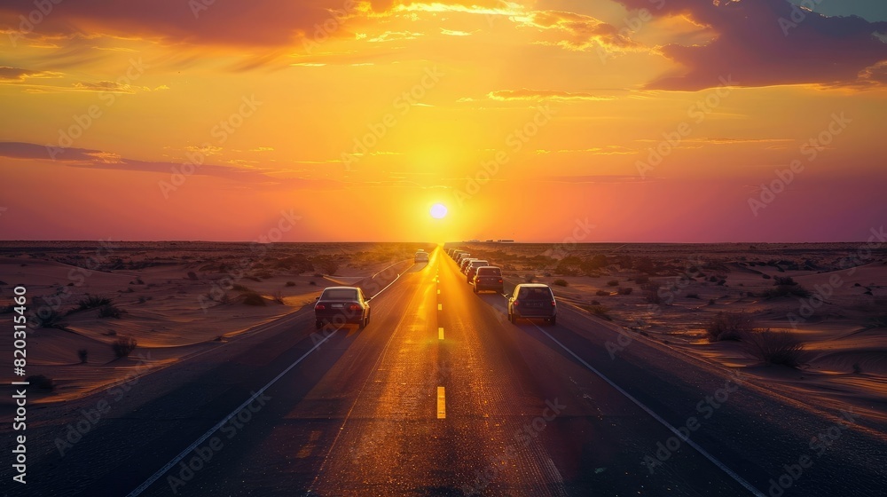 the sun is setting over a road in the middle of the desert, with a line of cars driving down the middle of the road. a road at sunset realistic