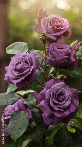 Beautiful purple roses in a garden with green leaves  captured in warm sunlight creating a romantic and serene atmosphere.