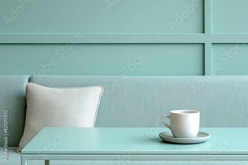 A white coffee cup and a cushion on a mint green table against a mint green background photo
