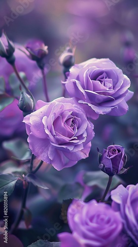 Elegant purple roses in full bloom, showcasing nature's beauty with soft and vibrant petals. Perfect for floral themes and nature settings.