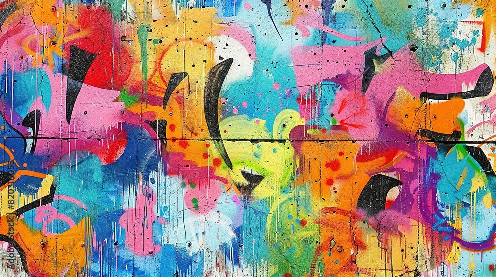 Fototapeta premium Colorful Graffiti Art Pattern on Weathered Concrete Wall: Urban Street Art