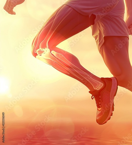 Runner's legs in motion with skeletal overlay, emphasizing the anatomy and biomechanics of running, captured at sunset.