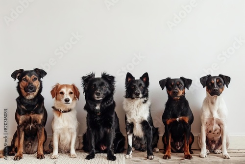Six adorable dogs sitting in a row against a white wall, showcasing different breeds and colors, looking straight ahead.