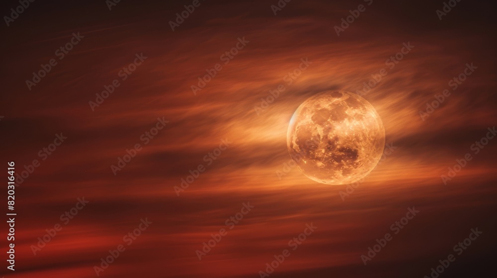 Wispy clouds pass in front of the moon creating an ethereal effect as the red light shines through.